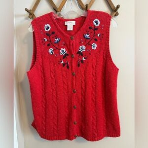 Vtg Northern Reflections Red Floral Embroidered Sweater Vest Large Cottagecore